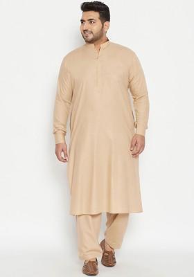 Beige Solid Poly Blend Kurta Set For Men