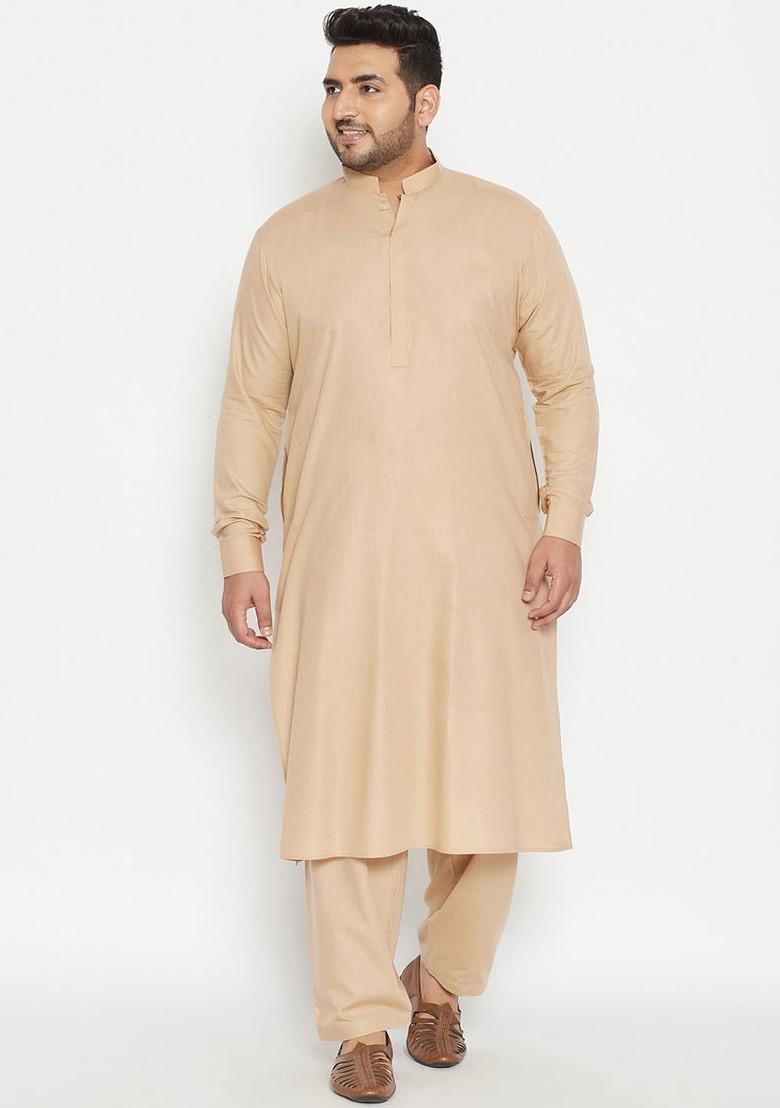 Beige Solid Poly Blend Kurta Set For Men