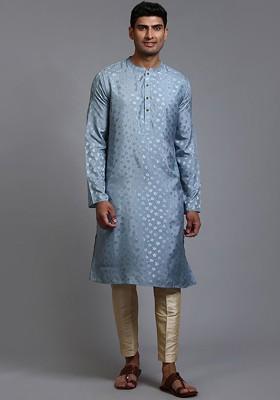 Grey Floral Print Poly Blend Kurta Set For Men