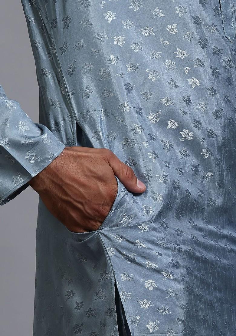 Grey Floral Print Poly Blend Kurta Set For Men