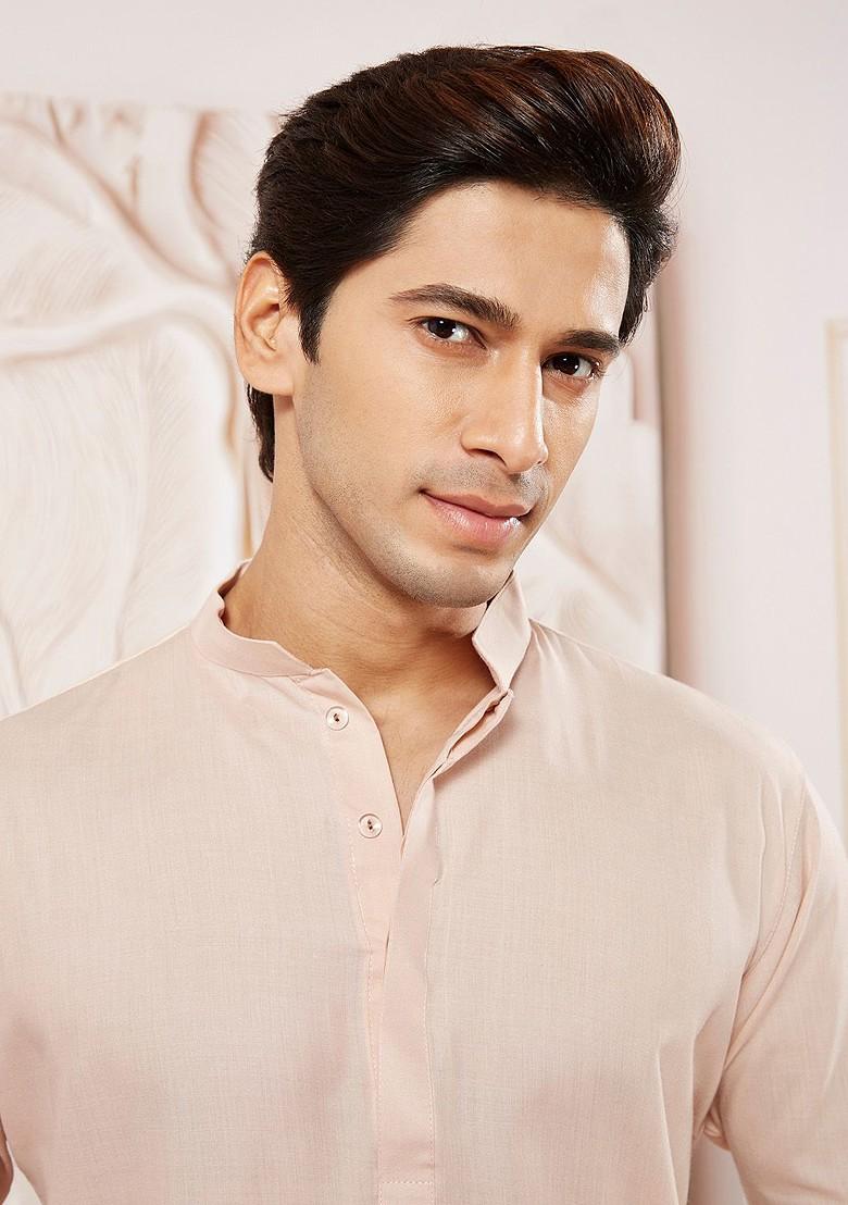 Cream Solid Poly Blend Kurta Set For Men