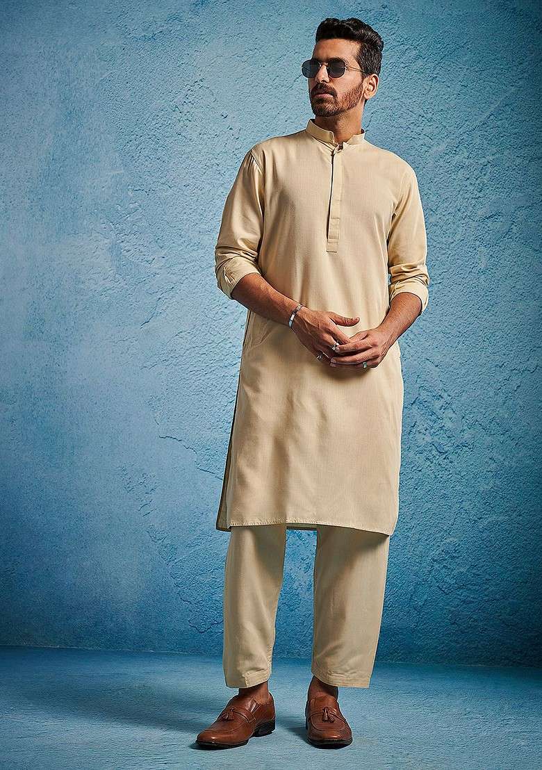Beige Solid Poly Blend Kurta Set For Men - Indya