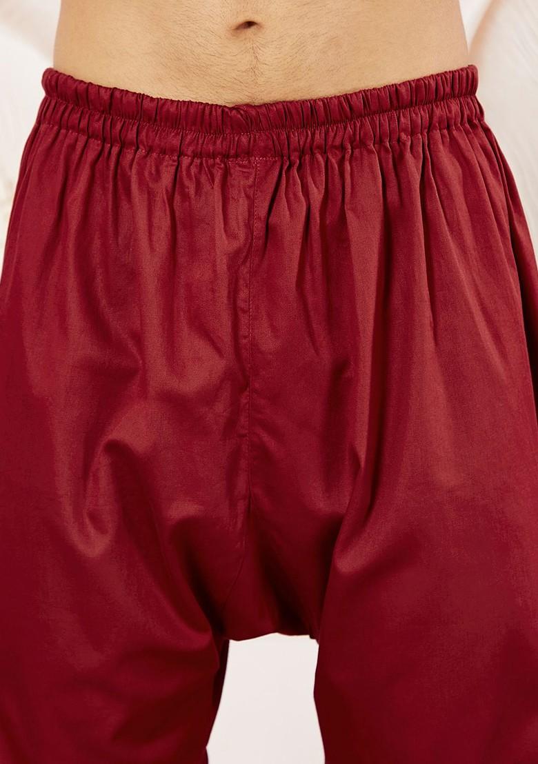 Maroon Solid Poly Blend Kurta Set For Men