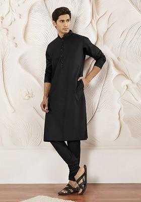 Black Thread Work Poly Blend Kurta Set For Men