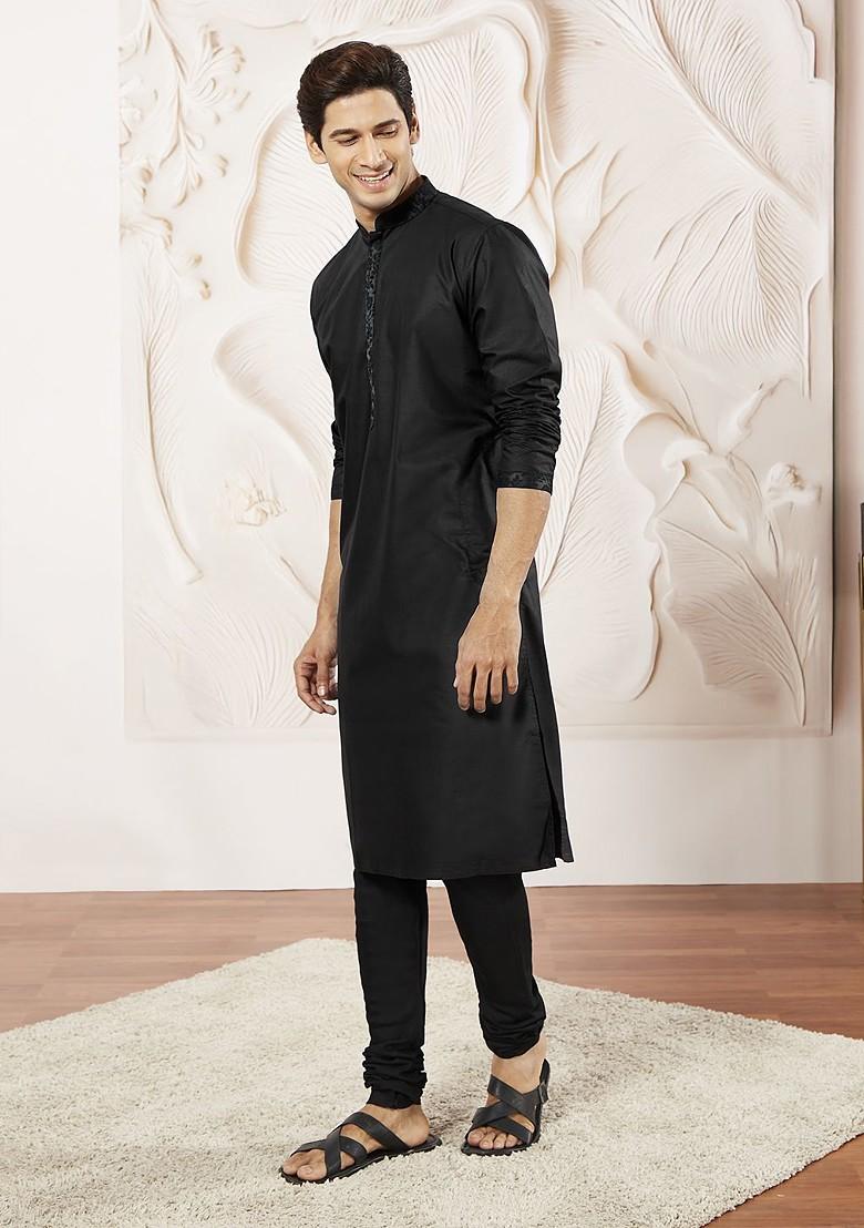 Black Thread Work Poly Blend Kurta Set For Men