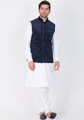 White Solid Cotton Kurta Set For Men