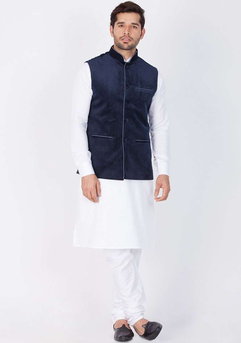 White Solid Cotton Kurta Set For Men - Indya