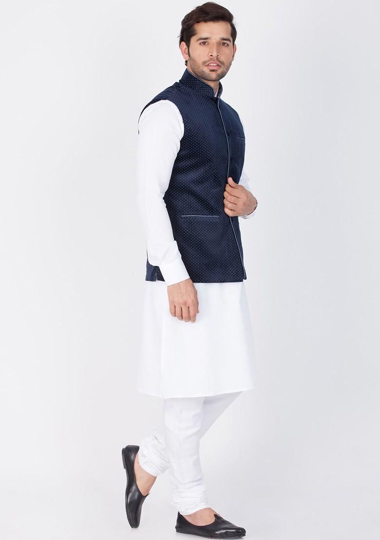White Solid Cotton Kurta Set For Men