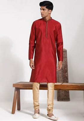 Maroon Embroidered Silk Kurta Set For Men