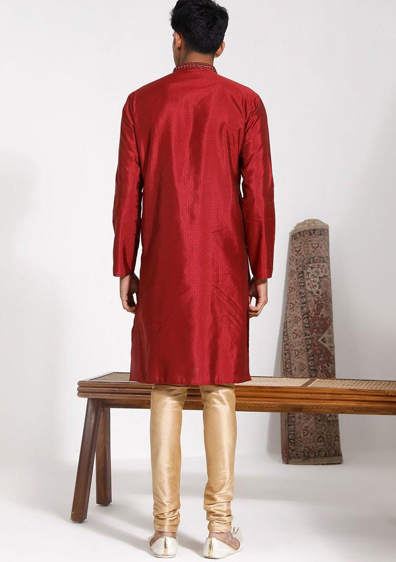 Maroon Embroidered Silk Kurta Set For Men