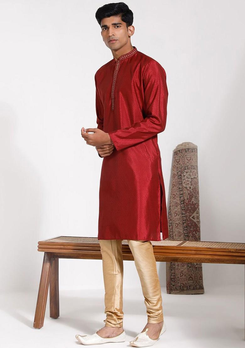 Maroon Embroidered Silk Kurta Set For Men