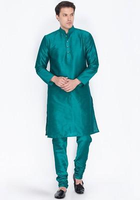 Teal Solid Silk Kurta Set For Men