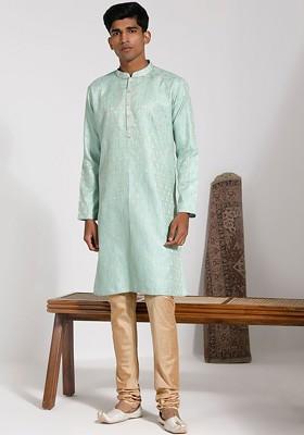 Green Floral Print Poly Blend Kurta Set For Men