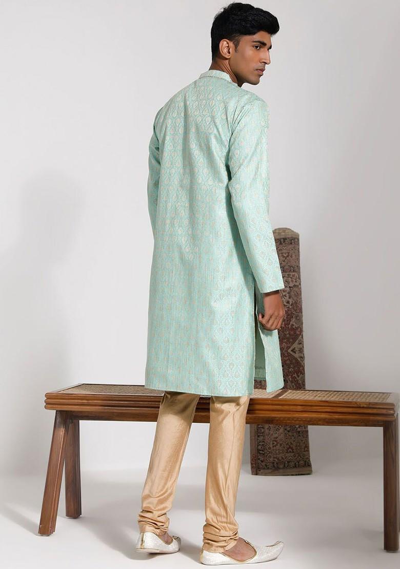 Green Floral Print Poly Blend Kurta Set For Men