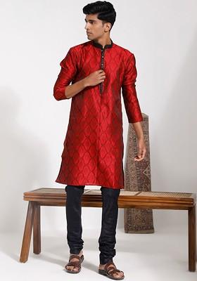 Maroon Ethnic Motifs Silk Kurta Set For Men