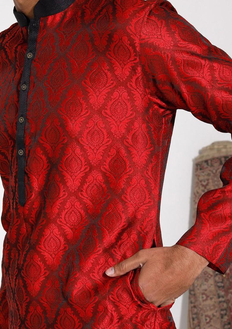 Maroon Ethnic Motifs Silk Kurta Set For Men