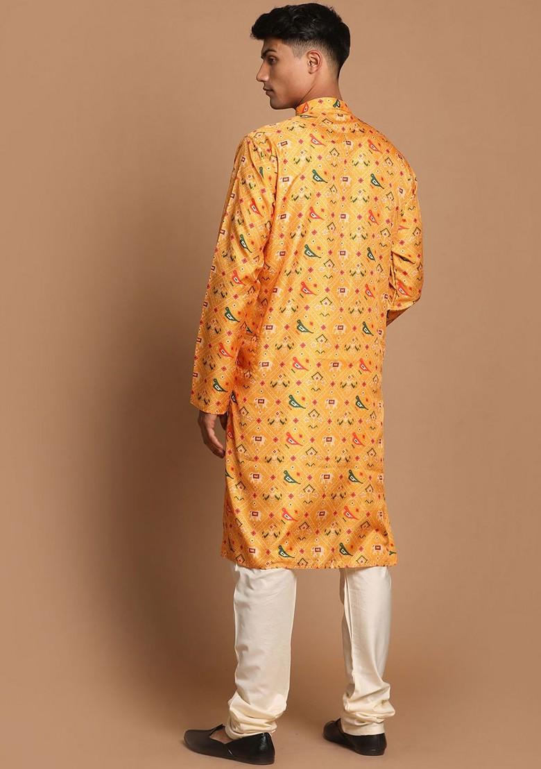 Yellow Ethnic Motifs Silk Kurta Set For Men