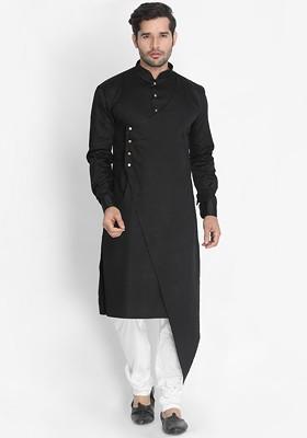 Black Solid Poly Blend Kurta Set For Men