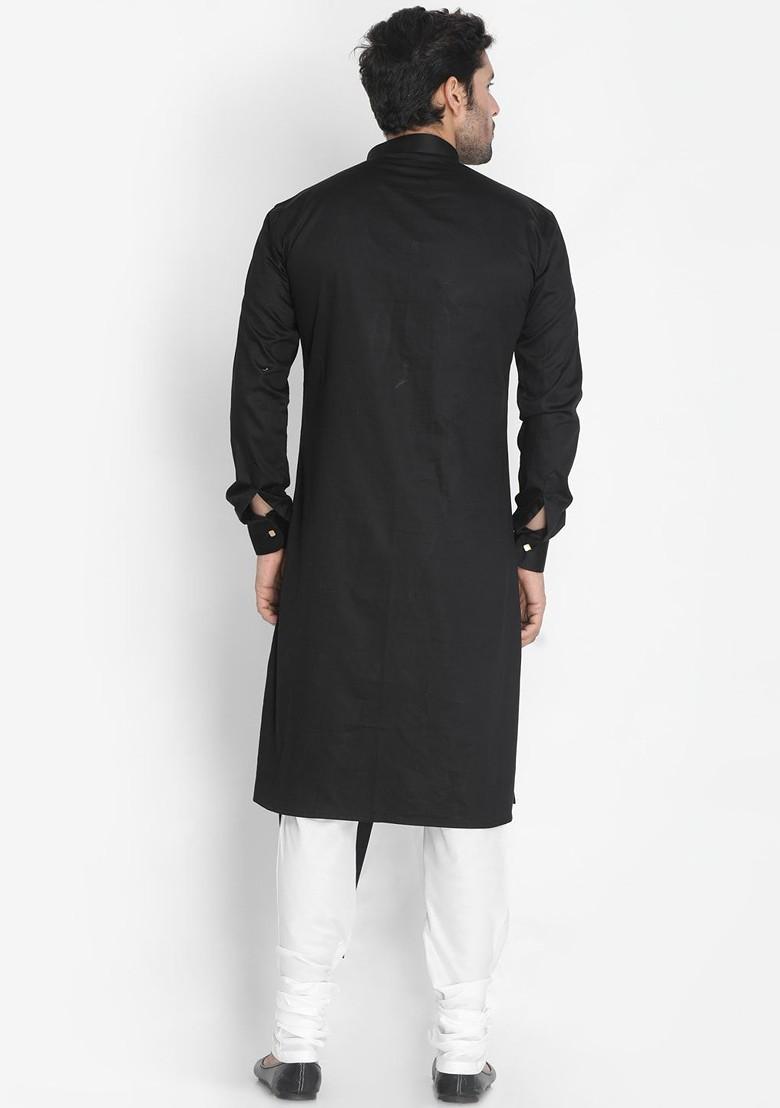 Black Solid Poly Blend Kurta Set For Men