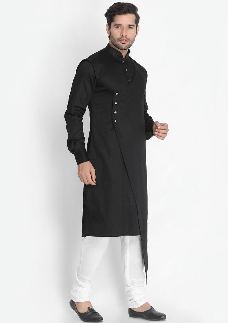 Black Solid Poly Blend Kurta Set For Men