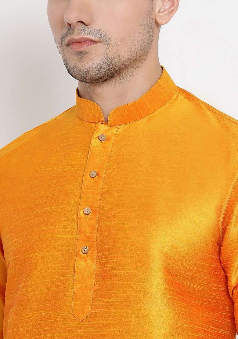 Orange Solid Poly Blend Kurta Set For Men - Indya