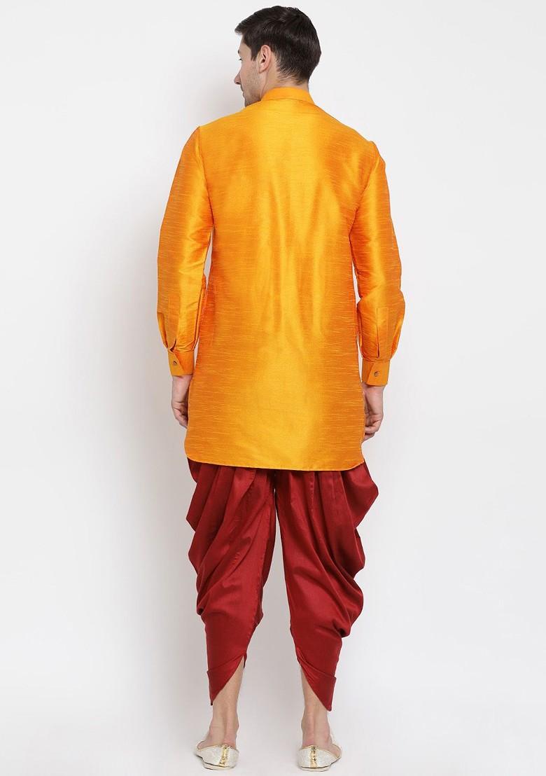 Orange Solid Poly Blend Kurta Set For Men