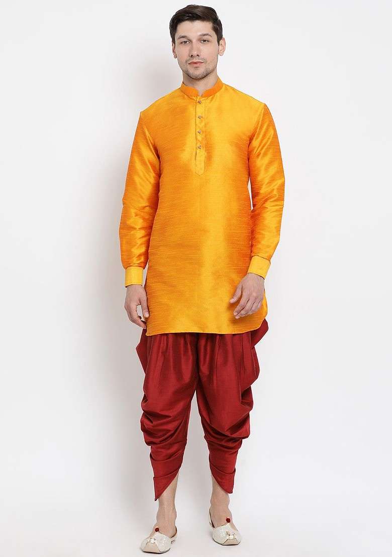 Orange Solid Poly Blend Kurta Set For Men - Indya