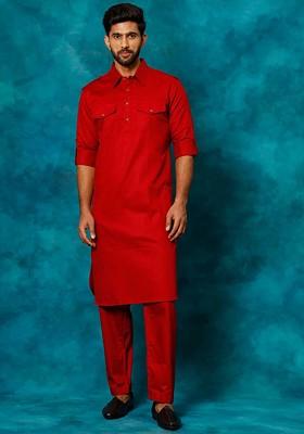 Maroon Solid Pathani Kurta Set For Men