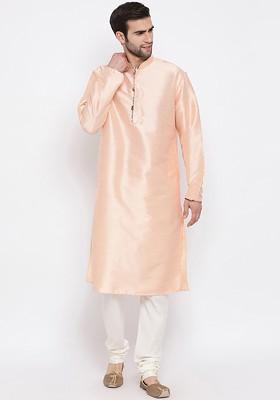 Peach Solid Silk Kurta Set For Men