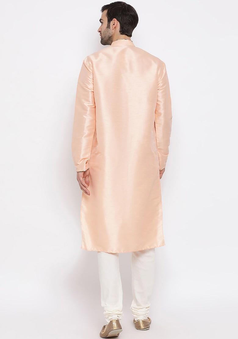 Peach Solid Silk Kurta Set For Men