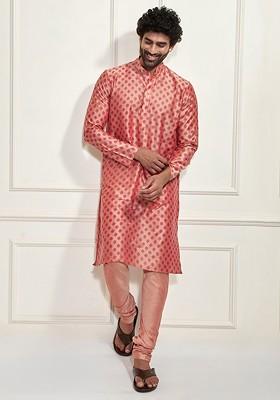 Peach Ethnic Motifs Poly Blend Kurta Set For Men