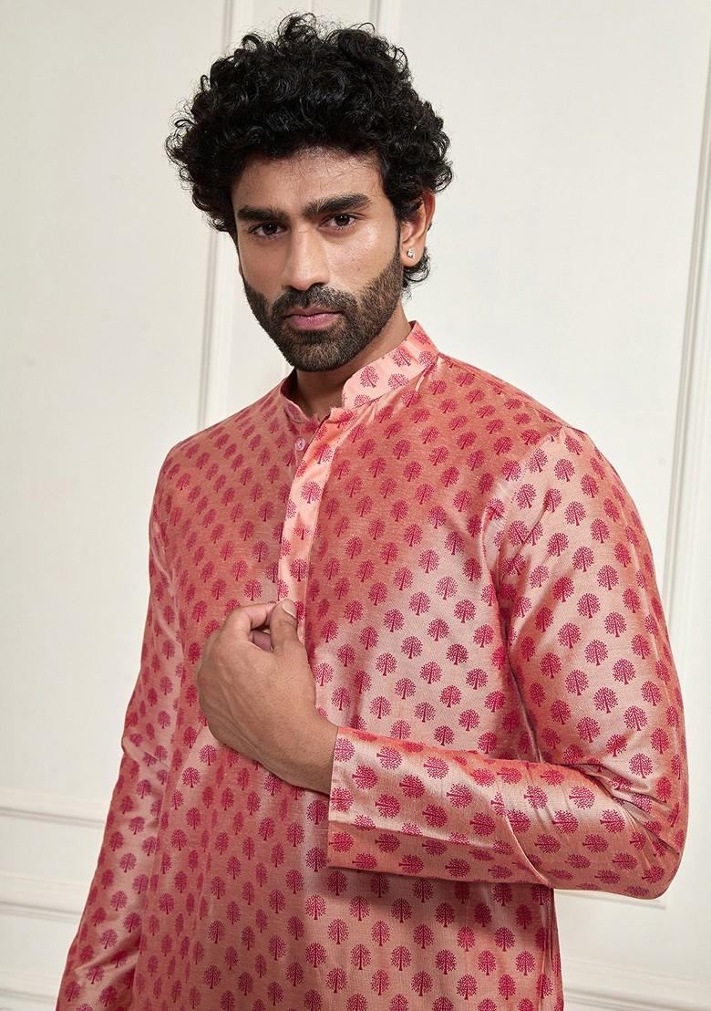 Peach Ethnic Motifs Poly Blend Kurta Set For Men