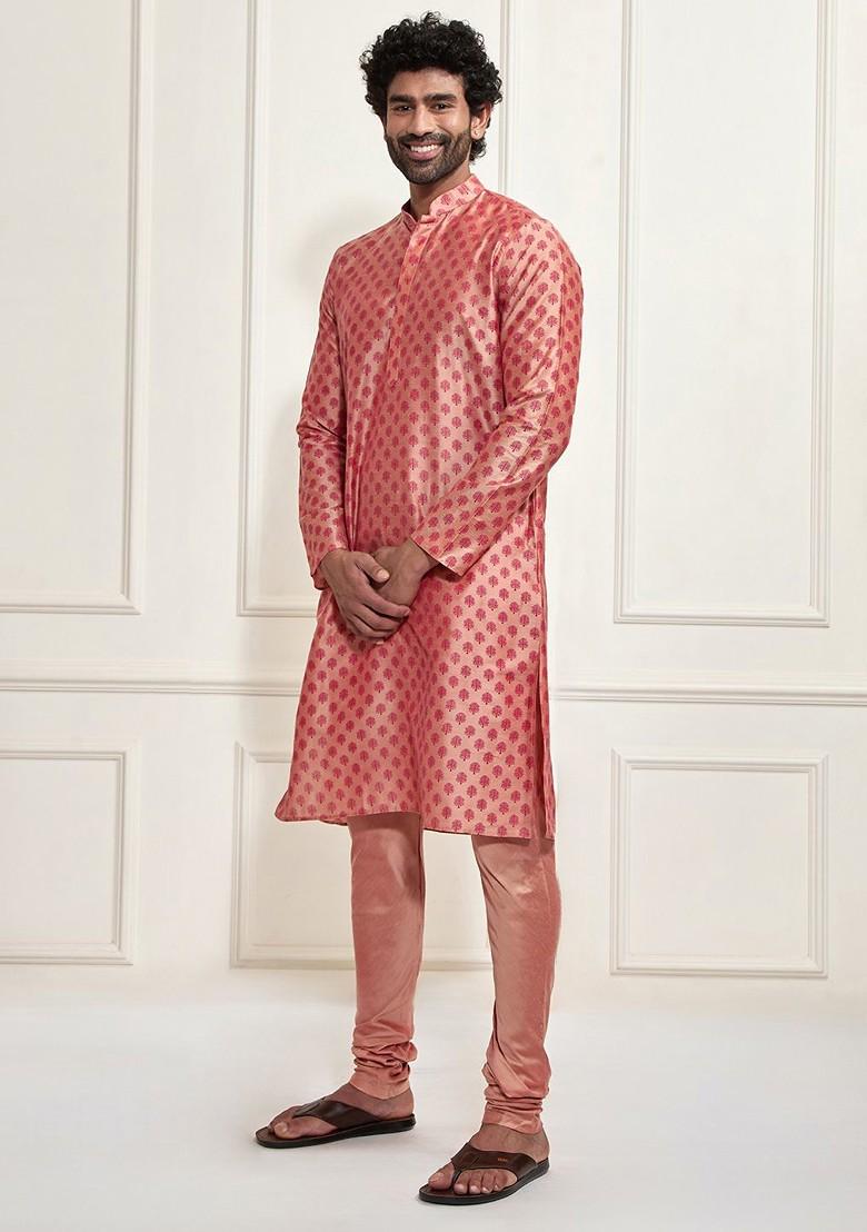 Peach Ethnic Motifs Poly Blend Kurta Set For Men