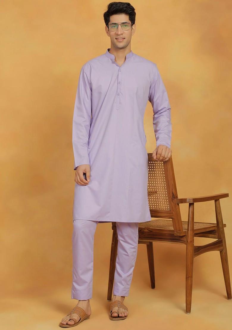 Lavender Solid Poly Blend Kurta Set For Men
