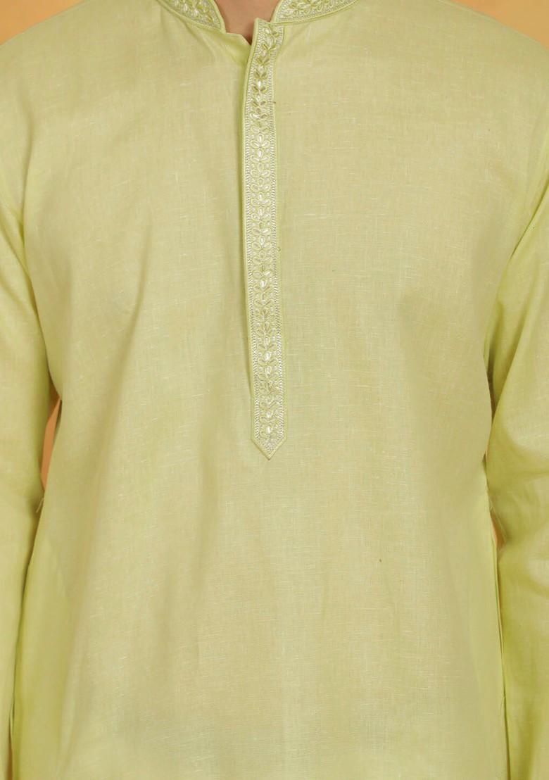 Green Floral Print Poly Blend Kurta Set For Men