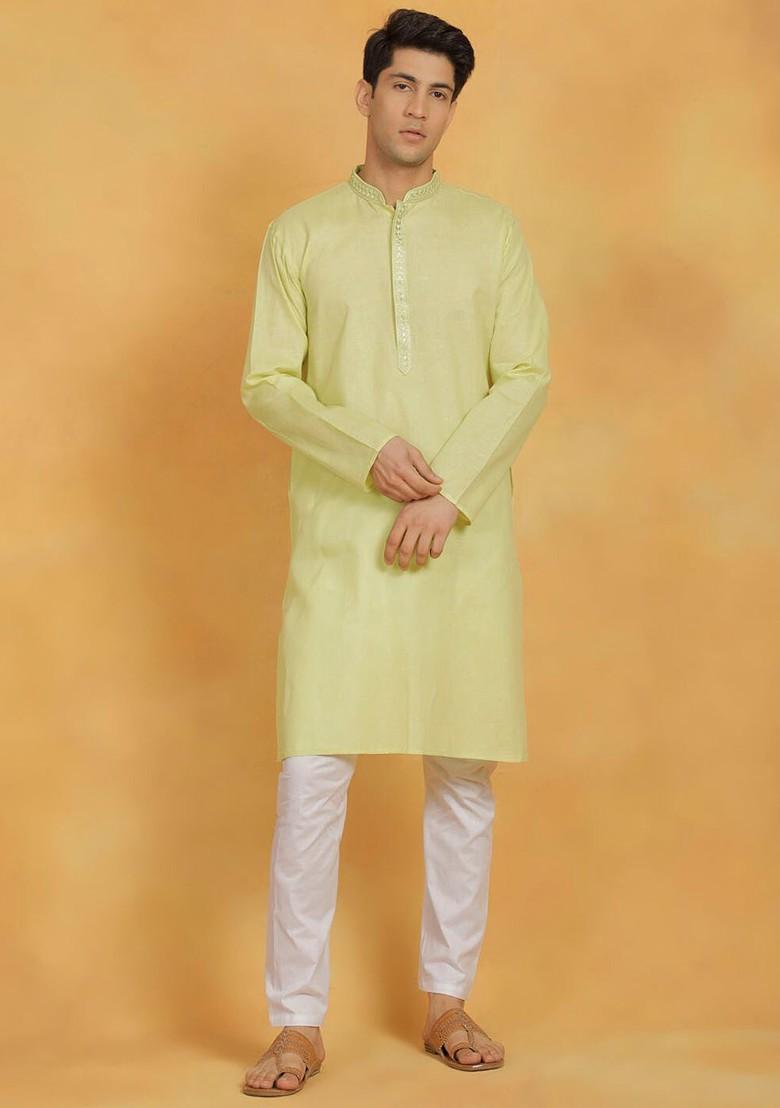 Green Floral Print Poly Blend Kurta Set For Men