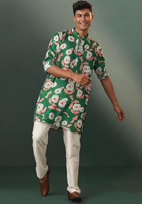 Green Floral Print Poly Blend Kurta Set For Men