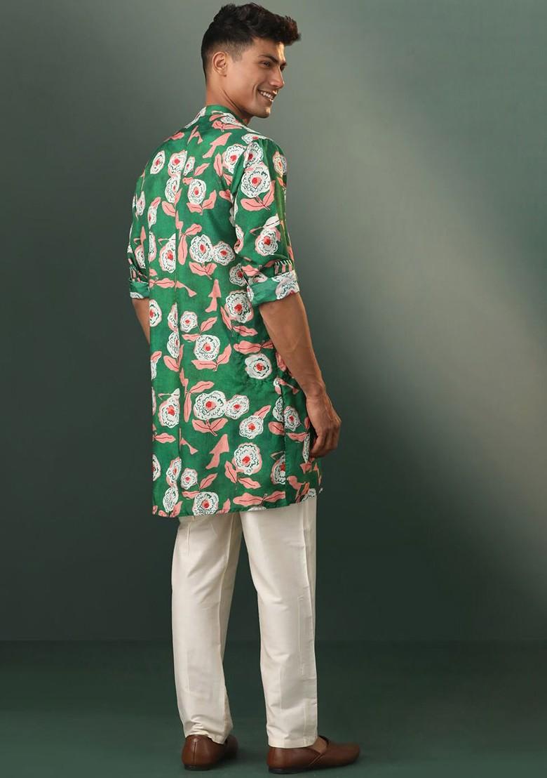 Green Floral Print Poly Blend Kurta Set For Men