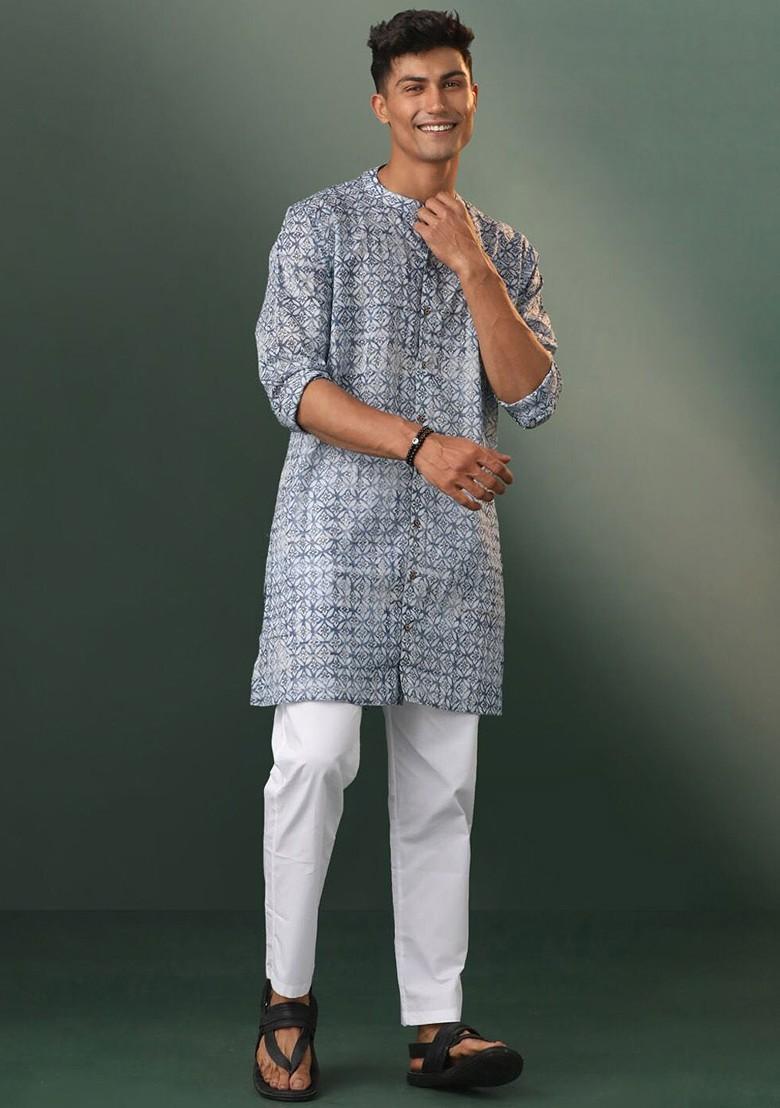 Blue Floral Print Poly Blend Kurta Set For Men
