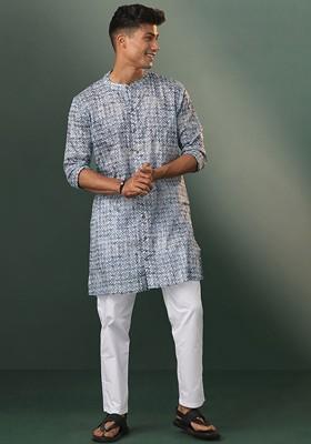 Blue Floral Print Poly Blend Kurta Set For Men