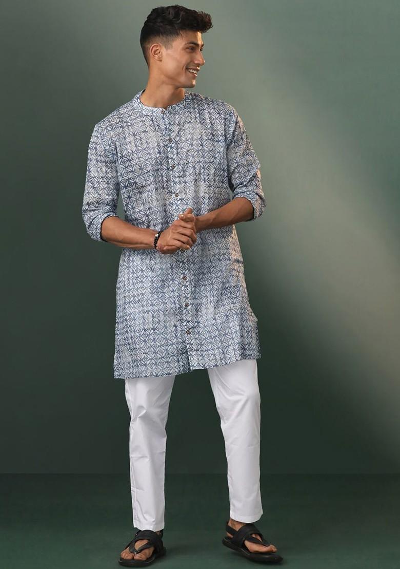 Blue Floral Print Poly Blend Kurta Set For Men