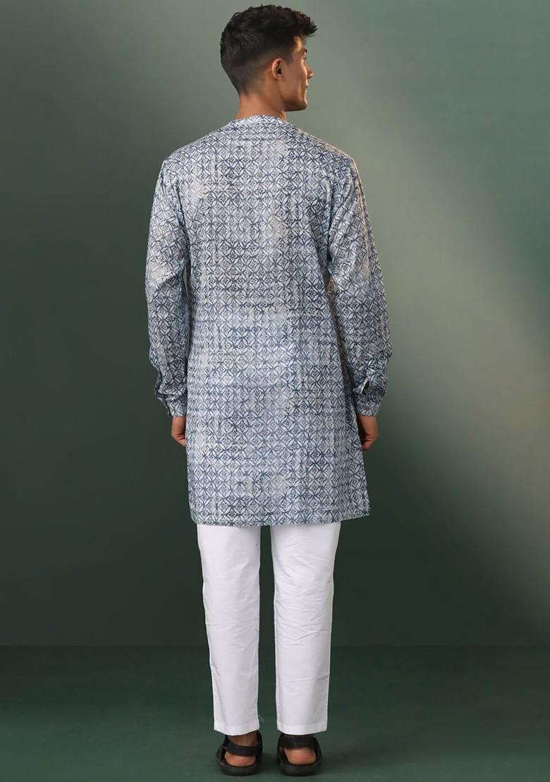 Blue Floral Print Poly Blend Kurta Set For Men