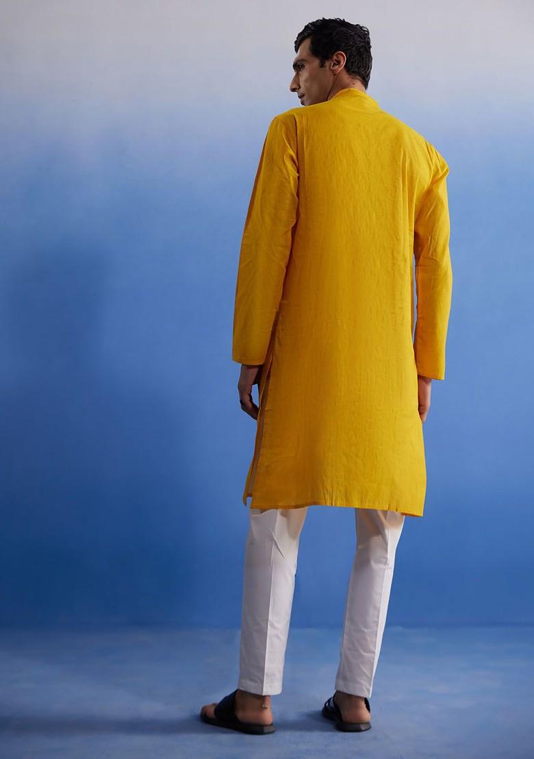Mustard Striped Cotton Kurta Set For Men