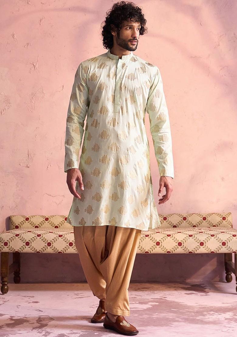 Green Ethnic Motifs Poly Blend Kurta Set For Men