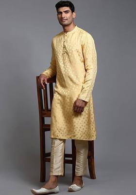 Yellow Floral Print Poly Blend Kurta Set For Men