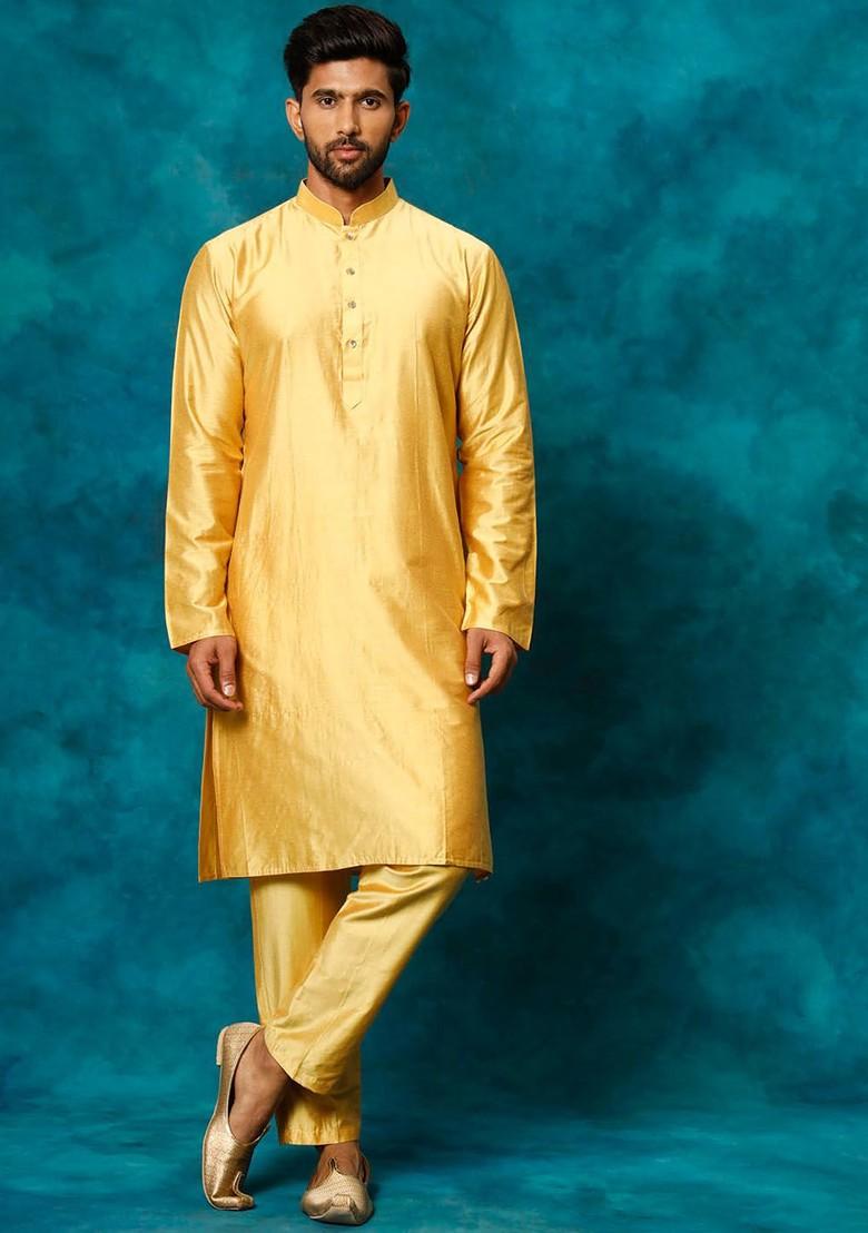 Mustard Solid Poly Blend Kurta Set For Men