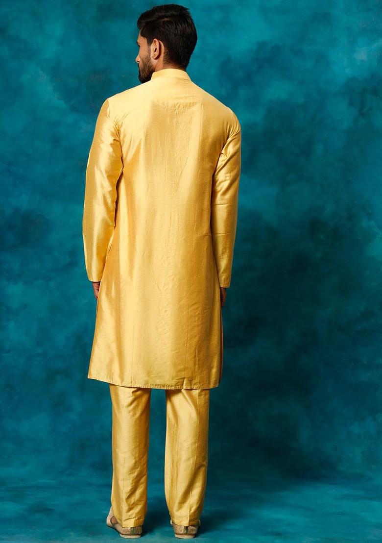 Mustard Solid Poly Blend Kurta Set For Men