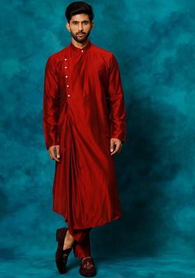 Maroon Solid Poly Blend Kurta Set For Men