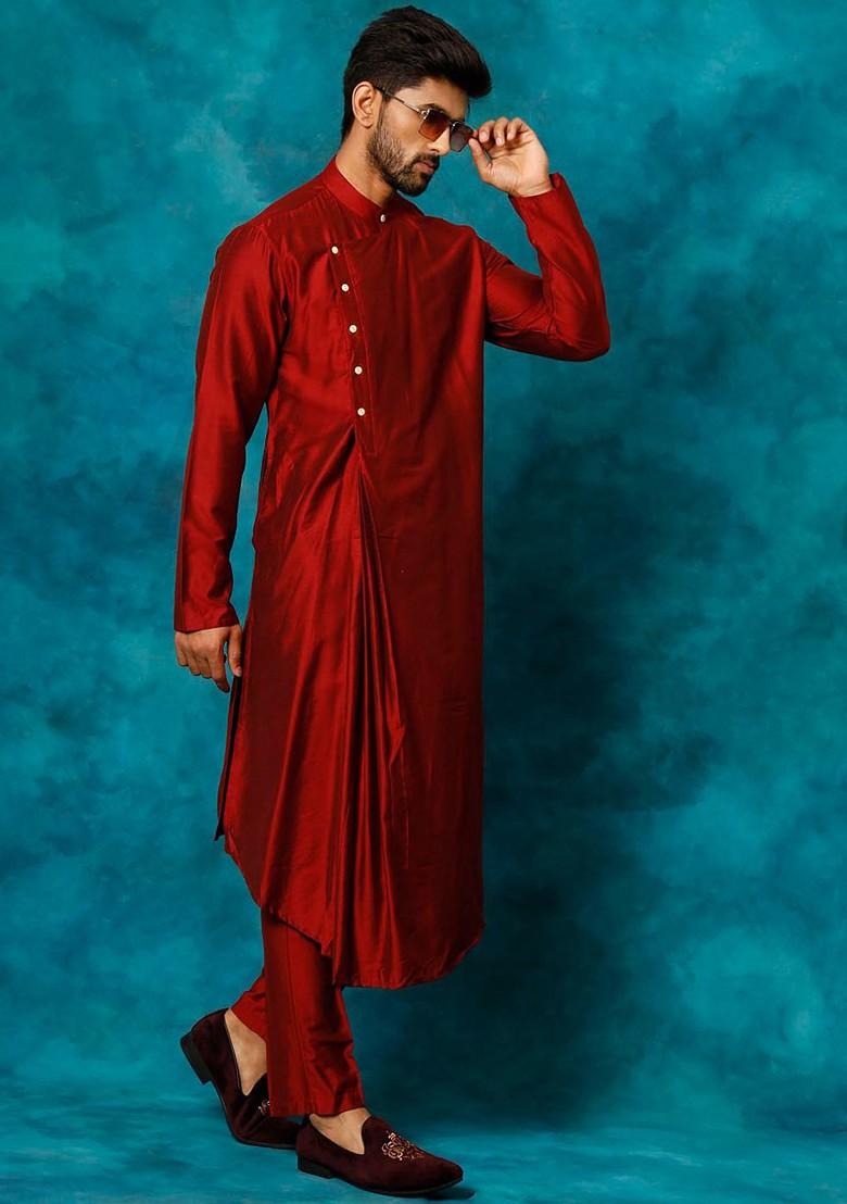 Maroon Solid Poly Blend Kurta Set For Men