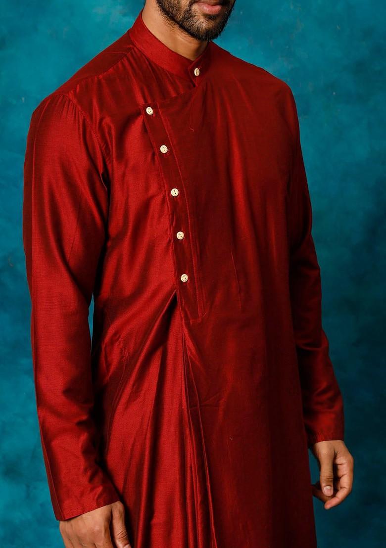 Maroon Solid Poly Blend Kurta Set For Men
